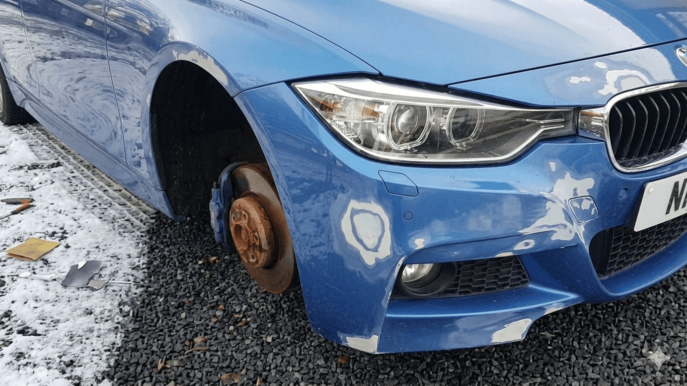 BMW 3er mit Unfallschaden: beschädigte Frontpartie und fehlende Räder